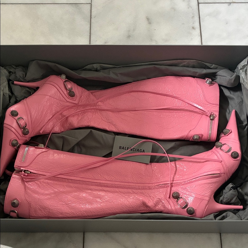 Balenciaga Pink Leather Cagole Studded Boots